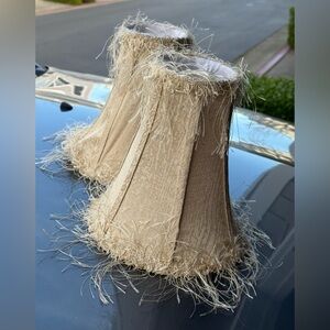 pair of medium beige fabric clipped Victorian style lampshades with fringe trim